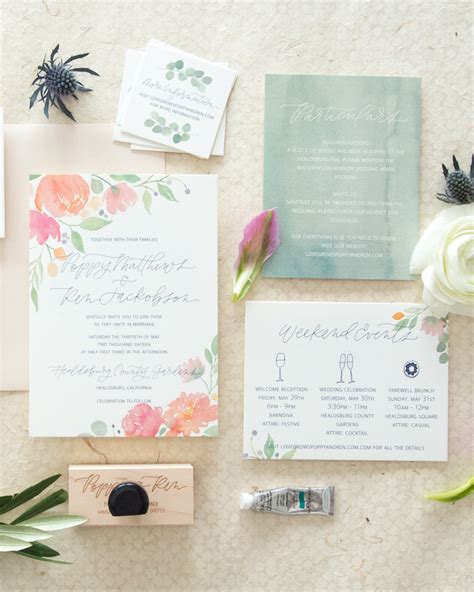 Whimsical Poppy and Eucalyptus Watercolor Wedding Invitations