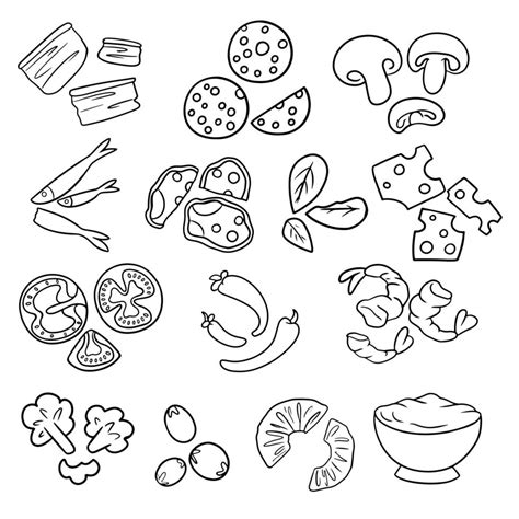 Monochrome set of various pizza toppings in cartoon style, images of ...