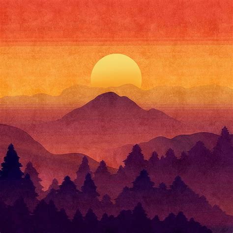 Mountains Painting - Sunset In The Misty Mountains by Little Bunny ...