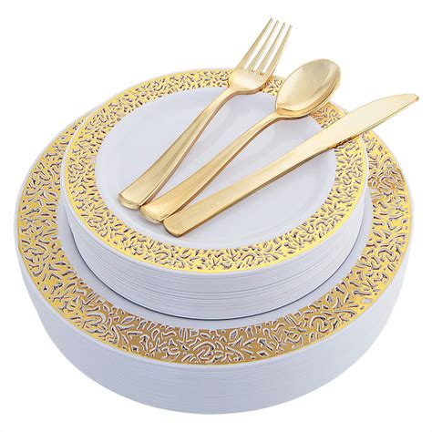 100 Piece Gold Plastic Plates with Disposable Silverware Elegant Lace ...