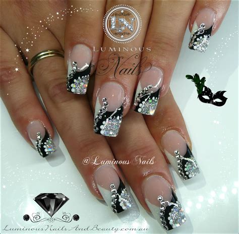 Black, White & Silver Nails with Crystals... | Silver nail designs ...