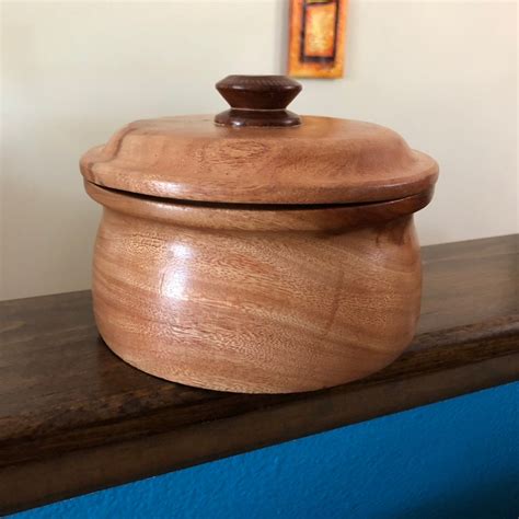 Hand carved wood serving bowl with lid made of Guamuchil wood from Mexico