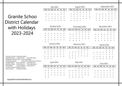 Granite School District Calendar with Holidays 2023-2024