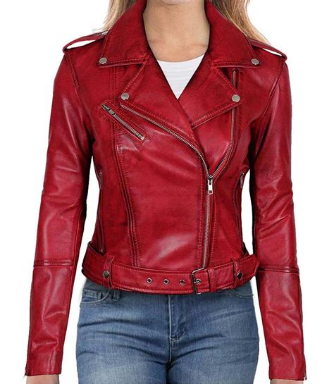 Distressed Red Women Motorcycle Leather Jacket | Red Women Jacket