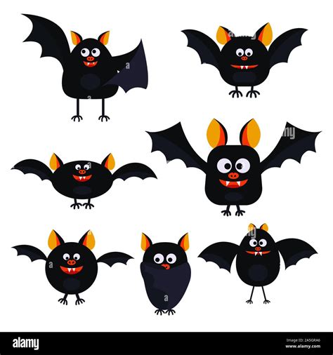 Set of cartoon Halloween black bats in different pose and shapes Stock ...