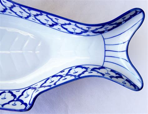 CERAMIC Smiling Fish Shaped PLATE x2 ASIAN Blue White PLATTER 15.5"x7 ...