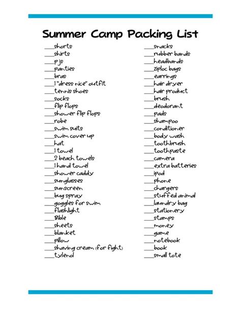 Church Camp Packing List