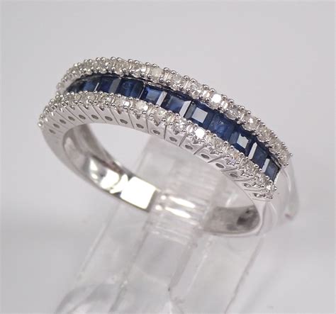 Diamond and Sapphire Wedding Ring Princess Cut Anniversary Band 14K ...