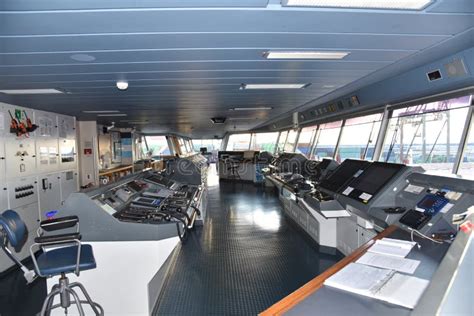 View of the Control Console on the Navigational Bridge of the Cargo ...