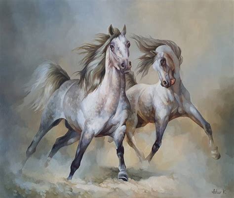 Horses in the dust | Oil painting, white horses Painting by Artiom ...