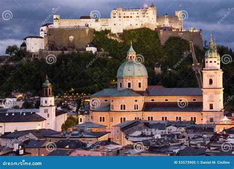 Old Town and Fortress at Night. Salzburg. Austria Stock Image - Image ...