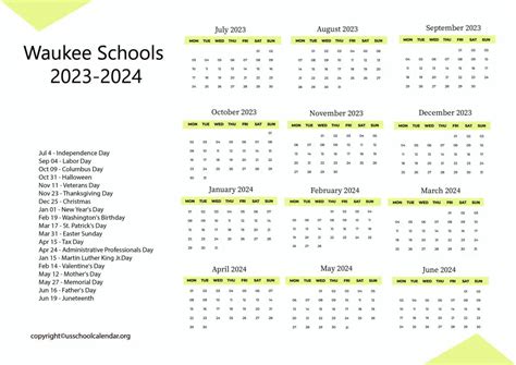 Waukee Schools Calendar with Holidays 2023-2024