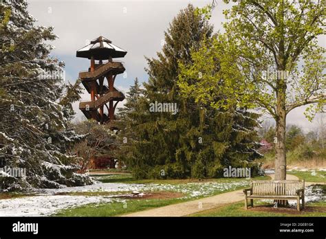 Tree Tower observation platform seen with spring snow landscape. Cox ...