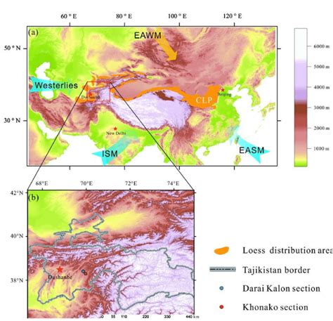 (a) Elevation map showing the loess distribution area in Central Asia ...