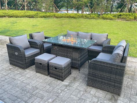 9 Seater Rattan Outdoor Garden Furniture Gas Fire Pit Table Sets Gas H ...