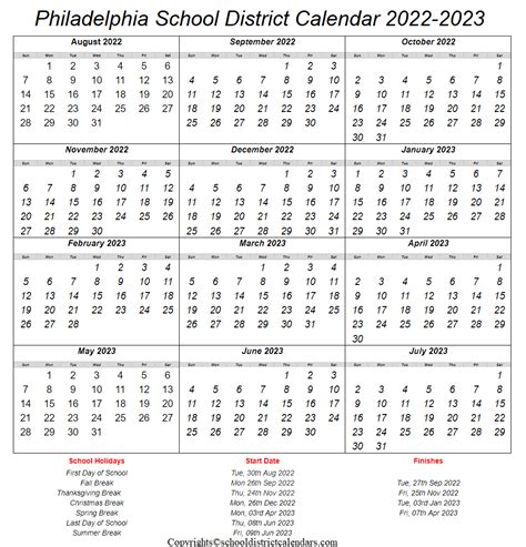 Philadelphia School District Calendar 2022-2023 With Holidays in PDF