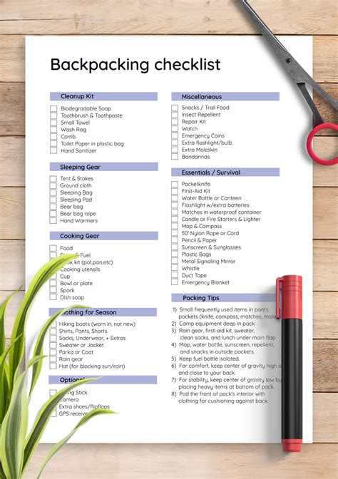 Download Printable Backpacking Checklist Template PDF