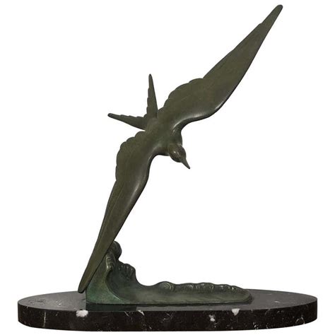 Art Deco Period Bird Sculpture on Marble Base "Seagull in Flight" in ...