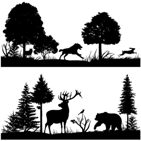 Wild animals silhouettes in green fir forest vector illustration Vector ...