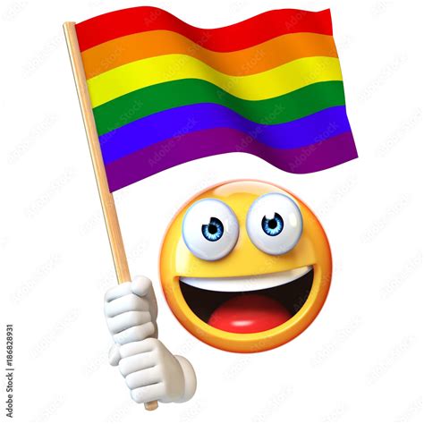 Emoji holding LGBT flag, emoticon waving rainbow color flag 3d ...