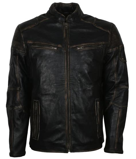 Men's Cafe Racer Retro Quilted Distressed Black Leather Jacket - US ...