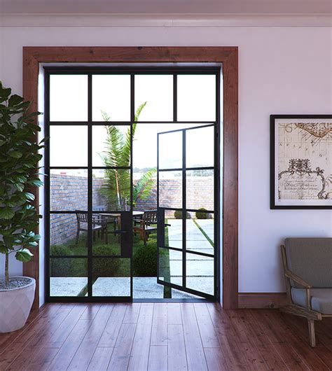 Custom Steel Grid Double Glass Door with Transom - A113 - Abby Iron Doors