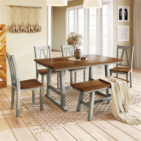 Set of 6 Dining Table Set, Wooden Farmhouse Kitchen Furniture Set ...