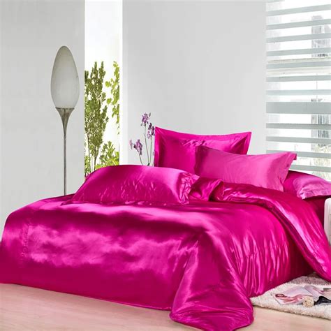 Hot pink silk bedding set satin sheets luxury queen full twin quilt ...