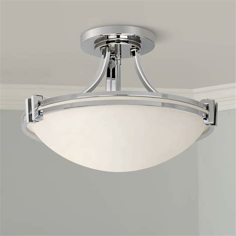 Art Deco Semi Flush Mount Ceiling Light Fixture Chrome 16" White Glass ...