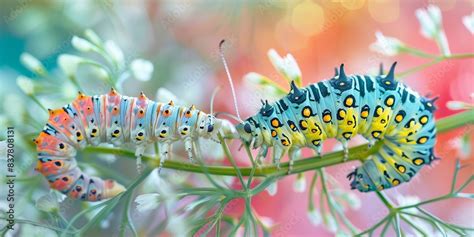 Two stages of Papilio machaon life cycle, with a caterpillar and a ...