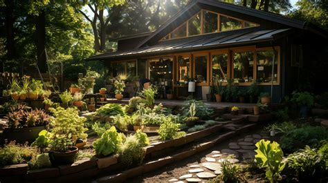 Wooden house in village with plants and flowers in backyard garden ...