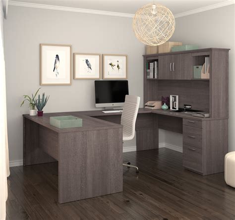 Bark Gray Premium U-shaped Desk with Hutch by Bestar - OfficeDesk.com