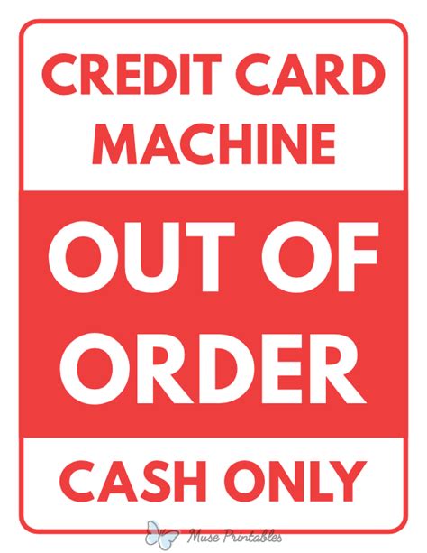 Printable Credit Card Machine Out of Order Cash Only Sign