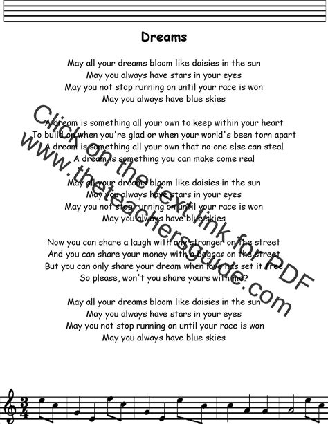 Dreams Lyrics, Printout, MIDI, and Video