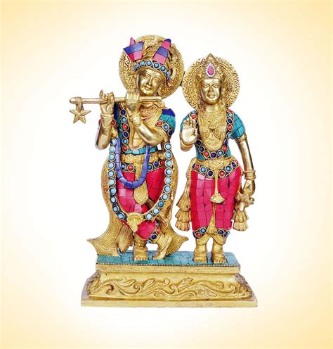 Stone Studded Radha Krishna Brass Statue - DevotionalStore