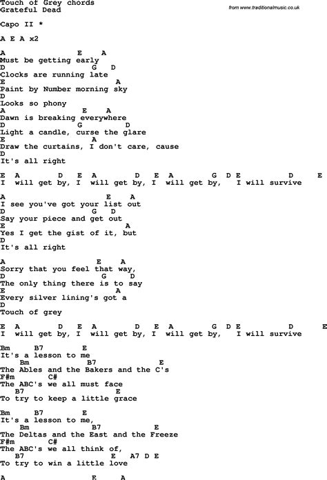 Song lyrics with guitar chords for Touch of Grey