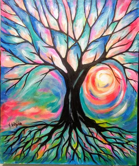 Original painting, abstract tree, tree of life, tree with sunset by ...