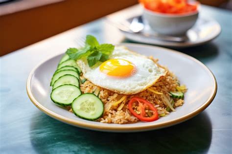 Plate of Nasi Goreng with Fried Egg on Top, Garnished with Cucumber ...