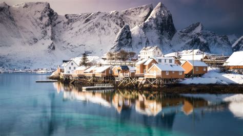 sea, Mountains, Snow, House, Town, Reflection, Lofoten Islands, Norway ...