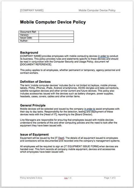 Mobile Computer Device Policy template download – Infozio
