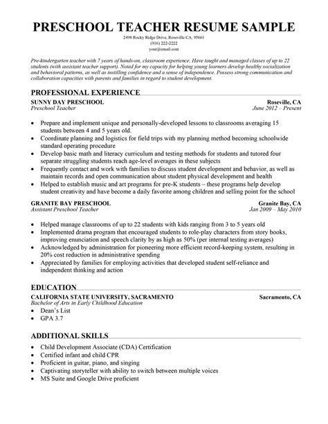 Preschool Teacher Resume Sample & Writing Tips | Resume Companion