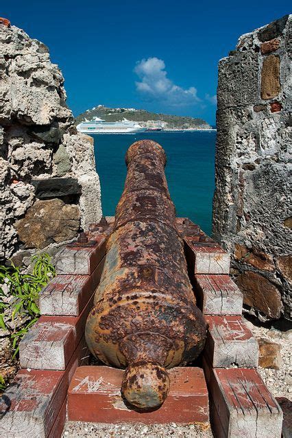 Fort Amsterdam in Philipsburg St. Maarten. A rusty cannon lying in Fort ...