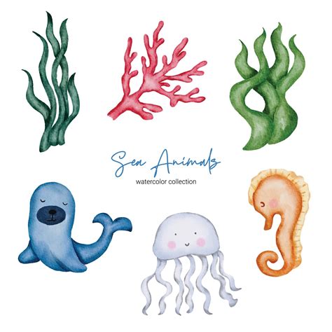 Watercolor aquatic animals object asset. Baby toy stuffs set of animal ...