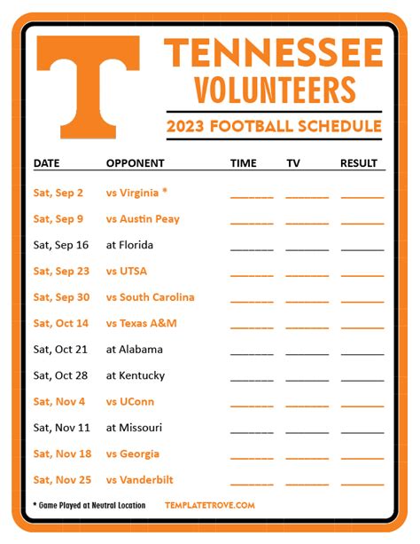 Printable 2023 Tennessee Volunteers Football Schedule