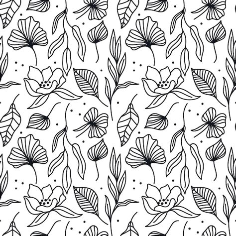 Premium Vector | Black and white seamless pattern with leaves flowers ...