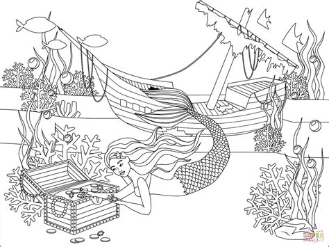 Mermaid Wrecked Ship Underwater Treasure coloring page | Free Printable ...