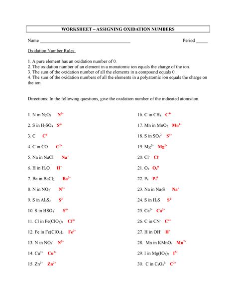 Worksheet - Assigning Oxidation Numbers - Key - WORKSHEET – ASSIGNING ...