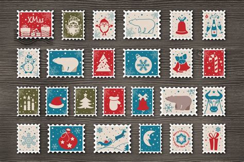 Christmas postage stamps with Santa Claus, Snowman, Deer...