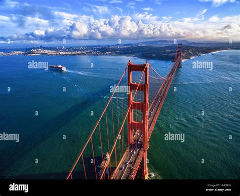 Golden Gate Bridge, aerial view of the large road bridge and the ...