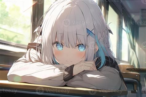 Cute anime girl with white hair and blue eyes sitting at the school ...